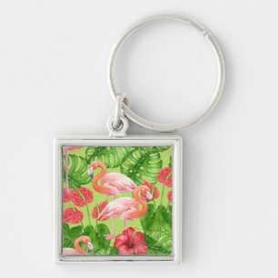 Flamingofåglar och tropiska växter fyrkantig silverfärgad nyckelring