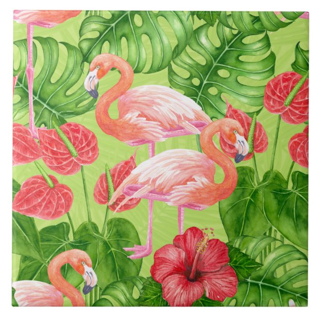 Flamingofåglar och tropiska växter kakelplatta (Framsidan)