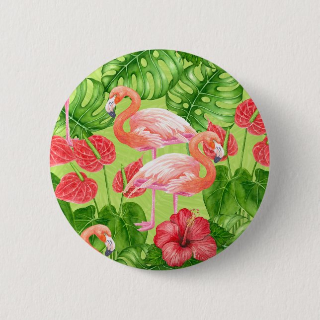 Flamingofåglar och tropiska växter knapp (Framsida)