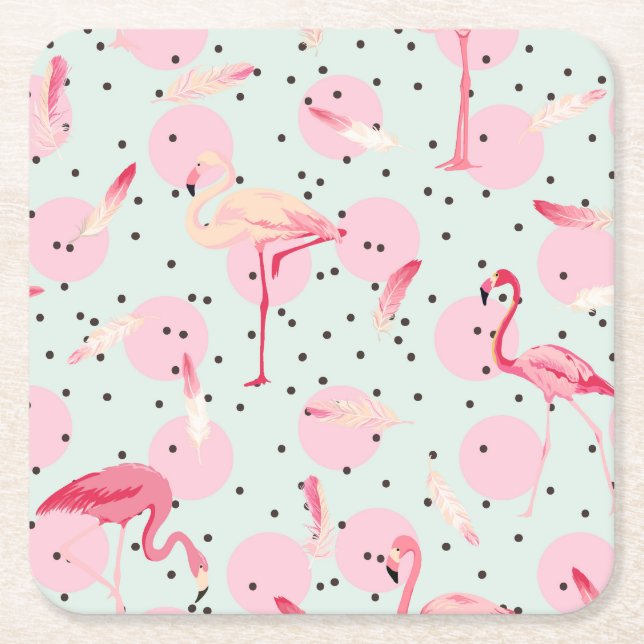 Flamingofjädrar på polka dots 2 underlägg papper kvadrat (Framsidan)