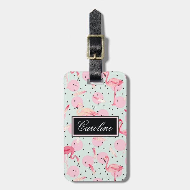 Flamingofjädrar på polka dots bagagebricka (Vertikal Framsida)