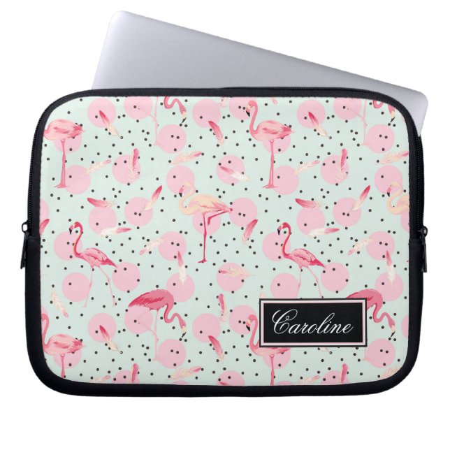 Flamingofjädrar på polka dots | tillfogar ditt laptop sleeve (Framsidan)