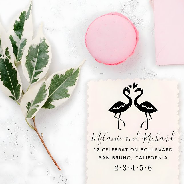 Flamingos egna namn Wood Bröllop Returadress Stämpel (Skapare uppladdad)