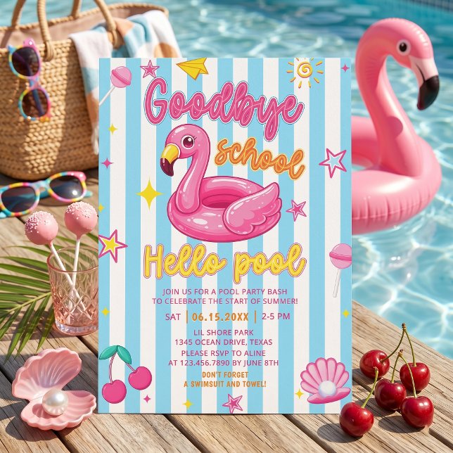 Flamingos Farväl Skola Hej Pool Rand Inbjudan (Skapare uppladdad)