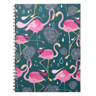 Flamingos Flowers: Mörk Graphic Seamless. Anteckningsbok