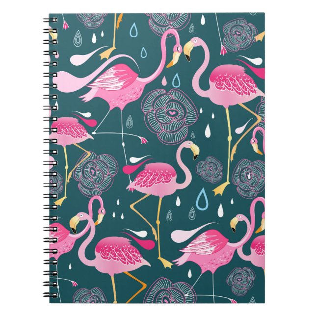 Flamingos Flowers: Mörk Graphic Seamless. Anteckningsbok (Framsidan)
