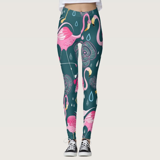 Flamingos Flowers: Mörk Graphic Seamless. Leggings (Framsida)
