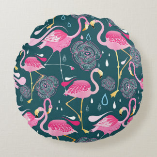 Flamingos Flowers: Mörk Graphic Seamless. Rund Kudde