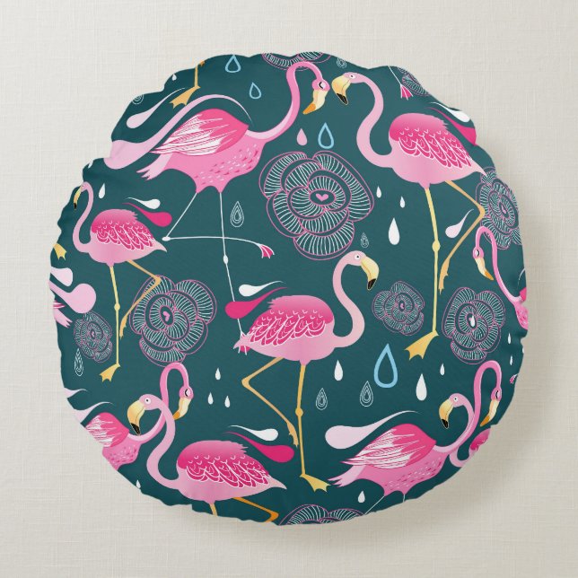 Flamingos Flowers: Mörk Graphic Seamless. Rund Kudde (Framsidan)