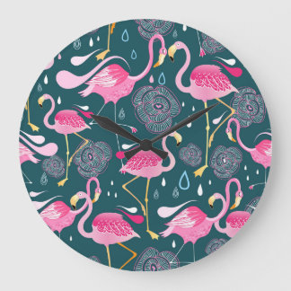 Flamingos Flowers: Mörk Graphic Seamless. Stor Klocka