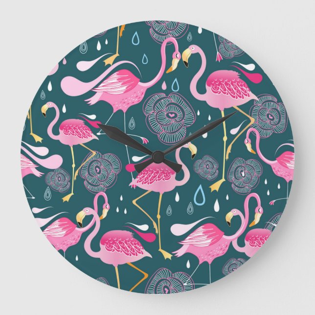 Flamingos Flowers: Mörk Graphic Seamless. Stor Klocka (Framsida)