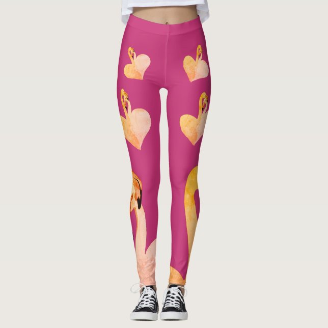 Flamingos Heart Rosa, Anpassningsbar Leggings, Fla Leggings (Framsida)