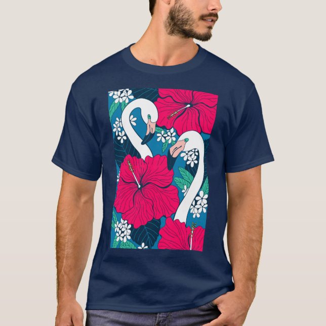 Flamingos, hibiskus och tropiska löv t shirt (Framsida)