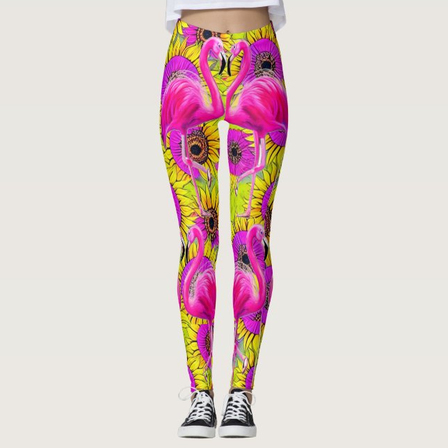 Flamingos i blomsterbakgrunden leggings (Framsida)