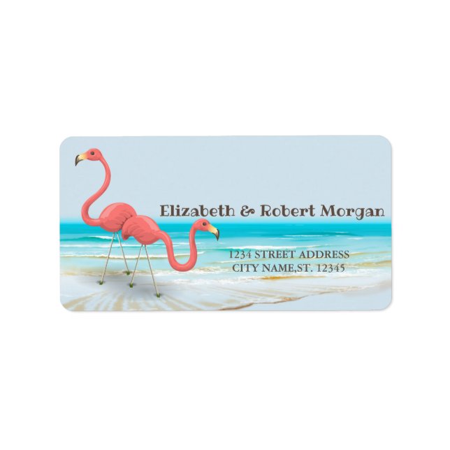 Flamingos i Kärlek, Beach Wedding Label Adressetikett (Framsidan)