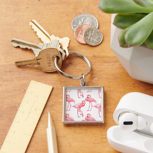 Flamingos Keychain Fyrkantig Silverfärgad Nyckelring (Skrivbord)