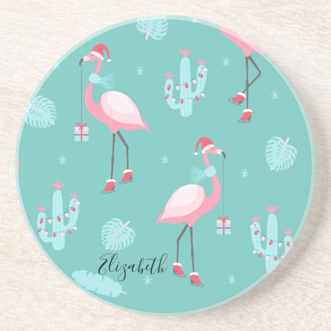 Flamingos med Santa hatt presenter snöflingor Underlägg (Framsidan)