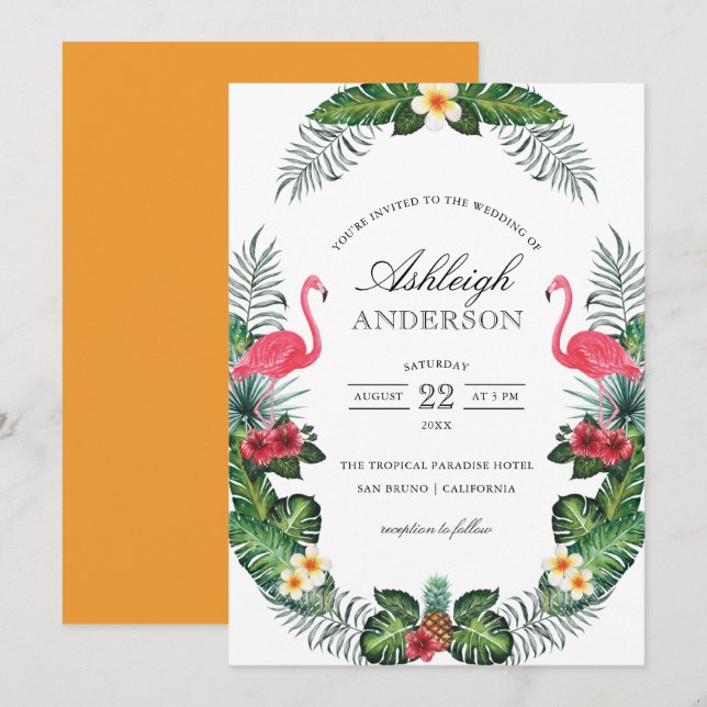 Flamingos och ananas Tropiska Florans Möhippa Inbjudningar (Fram/baksida)