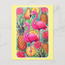 Flamingos och ananas - Tropiskt sommarkort Vykort