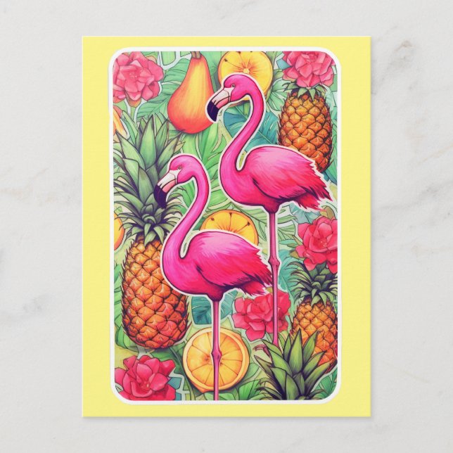Flamingos och ananas - Tropiskt sommarkort Vykort (Framsida)