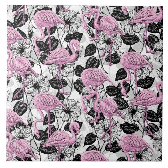 Flamingos och hibiscus-blommor kakelplatta (Framsidan)