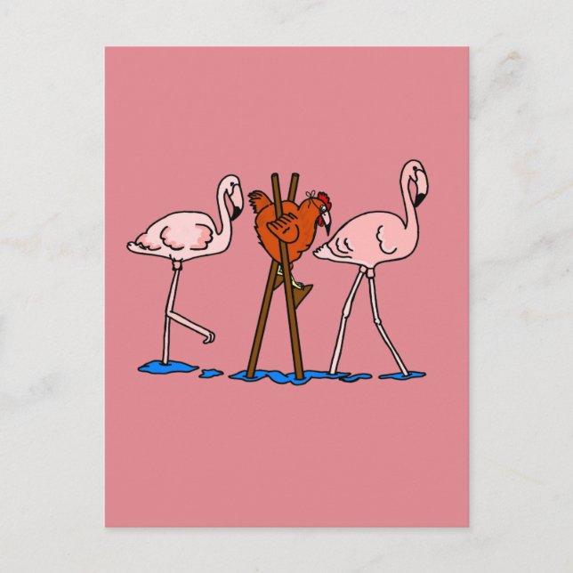 Flamingos och kyckling med Rosa bakgrund Vykort (Framsida)
