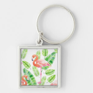 Flamingos och tropiska löv fyrkantig silverfärgad nyckelring