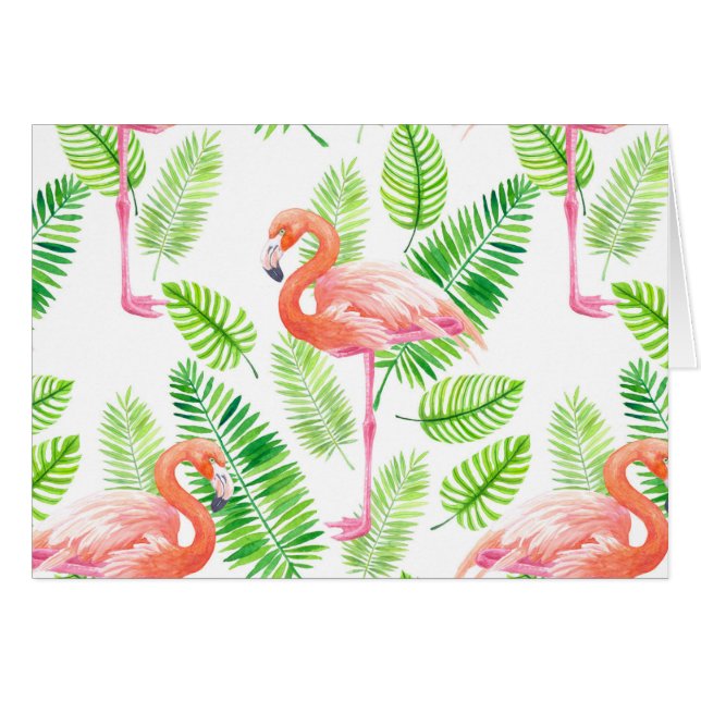 Flamingos och tropiska löv hälsningskort (Framsidan Horizontal)