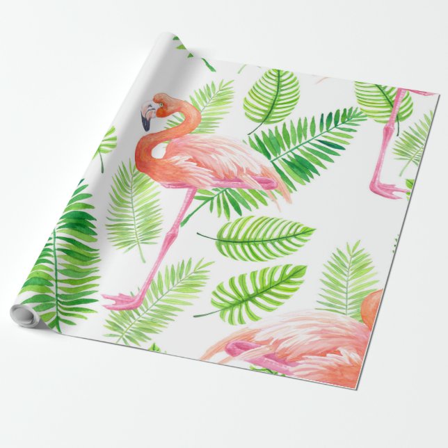 Flamingos och tropiska löv presentpapper (Utrullad)