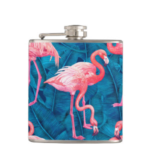 Flamingos på blå banan löv fickplunta