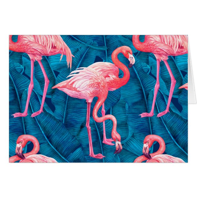 Flamingos på blå banan löv hälsningskort (Framsidan Horizontal)