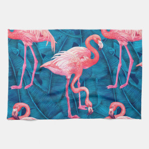 Flamingos på blå banan löv kökshandduk