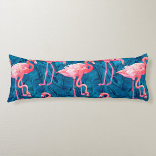 Flamingos på blå banan löv kroppskudde