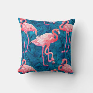 Flamingos på blå banan löv kudde
