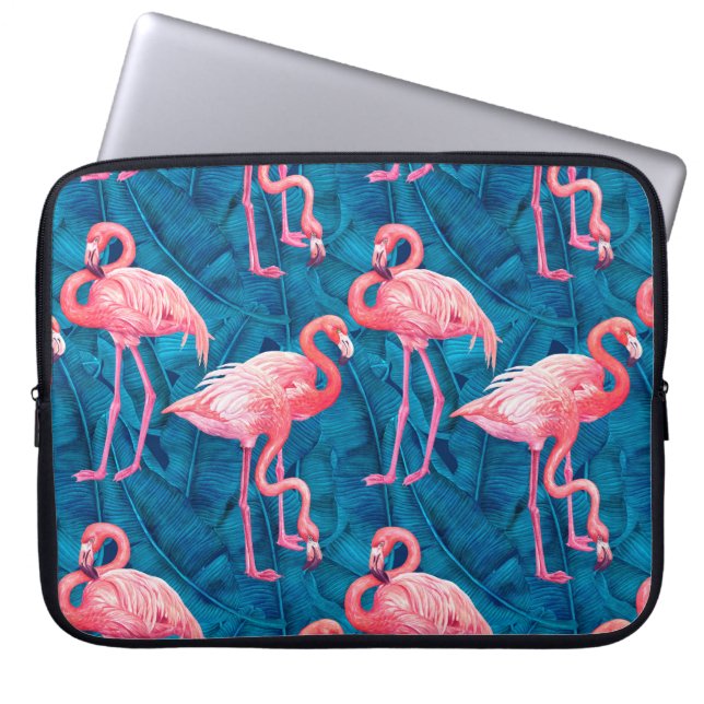 Flamingos på blå bananblad laptop fodral (Framsidan)