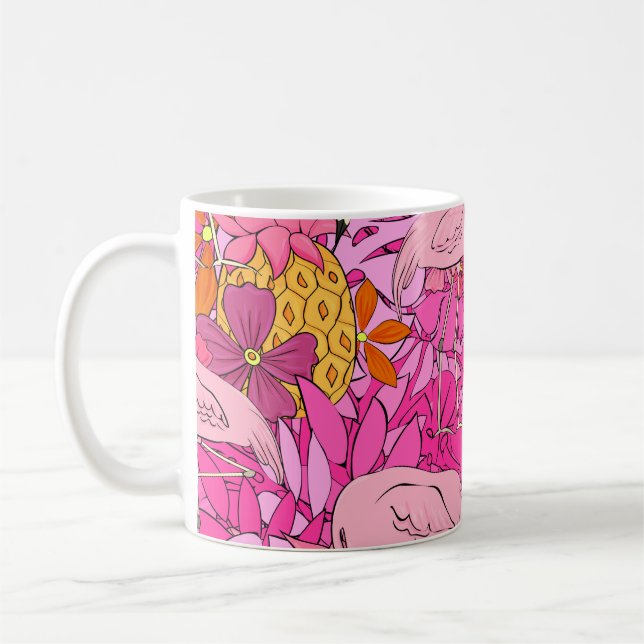 Flamingos på grund av tropiska löv och f kaffemugg (Vänster)