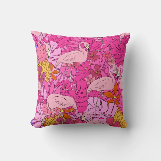 Flamingos på grund av tropiska löv och f kudde (Framsida)