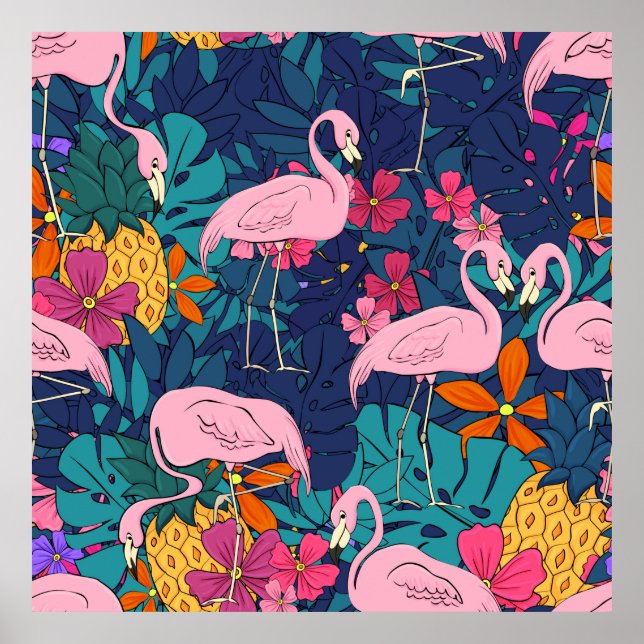 Flamingos på grund av tropiska löv och f poster (Framsidan)