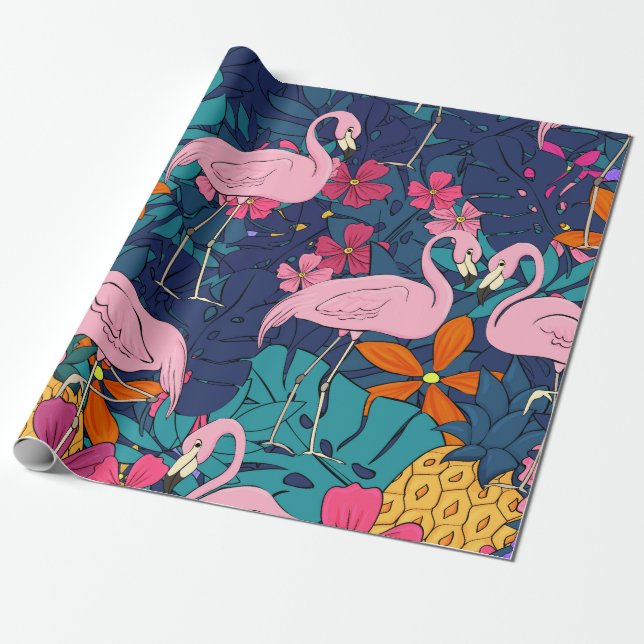Flamingos på grund av tropiska löv och f presentpapper (Utrullad)
