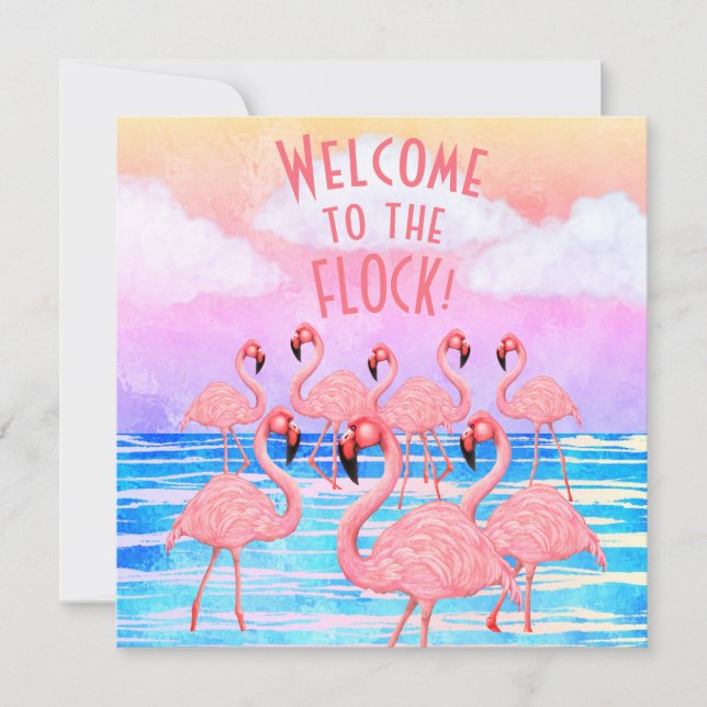 Flamingos på Parad Marscherande Platt Julkort Kort (Framsida)