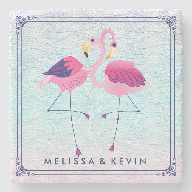 Flamingos på styliserad Abstrakt Beach Vatten-Våga Stenunderlägg (Framsidan)