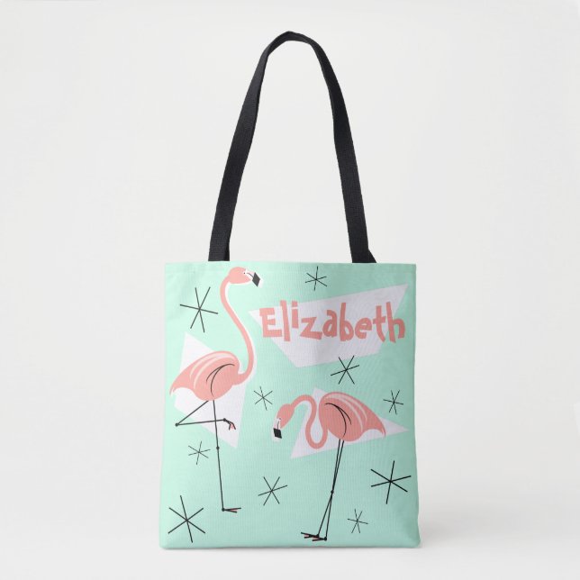 Flamingos Retro Grönt Namn-korallcheck tillbaka Tygkasse (Framsida)