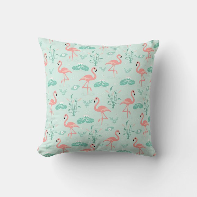 Flamingos Rosa Gröna Tropiska Fåglar Kudde (Framsida)