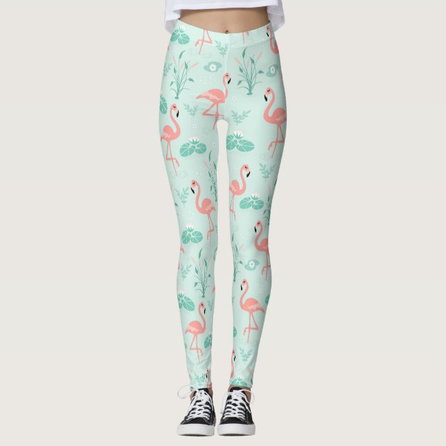 Flamingos Rosa Gröna Tropiska Fåglar Trendiga  Leggings (Framsida)