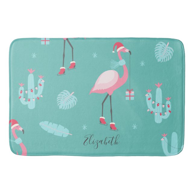 Flamingos Santa Hat Presenter Snöflingor Badrumsmatta (Framsidan)