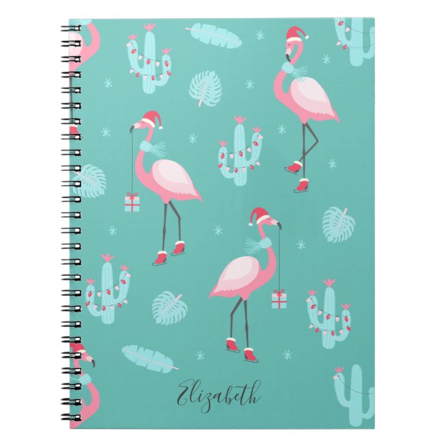 Flamingos Santa Hatt Presenter Snöflingor Anteckningsbok (Framsidan)
