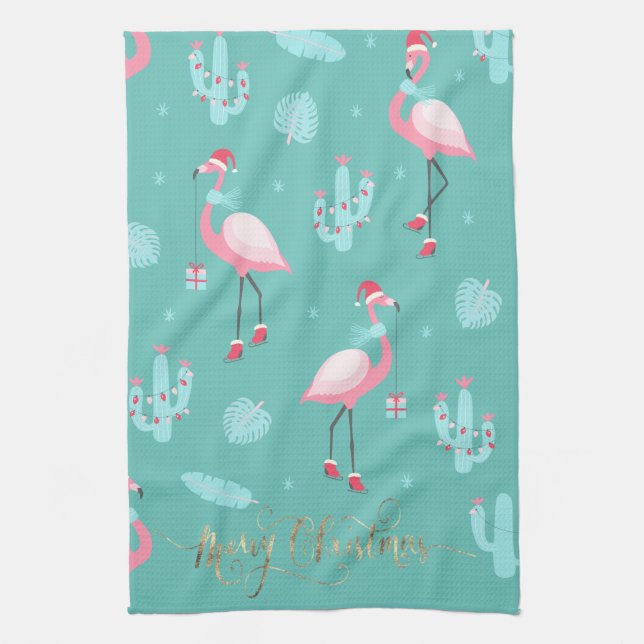  Flamingos Santa Hatt Presenter Snöflingor  Kökshandduk (Vertikal)