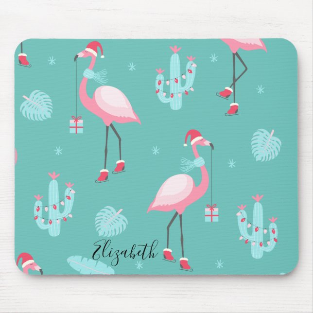 Flamingos Santa Hatt Presenter Snöflingor Musmatta (Framsidan)