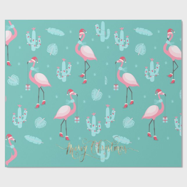  Flamingos Santa Hatt Presenter Snöflingor  Presentpapper (Platt)