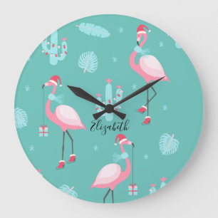 Flamingos Santa Hatt Presenter Snöflingor Stor Klocka